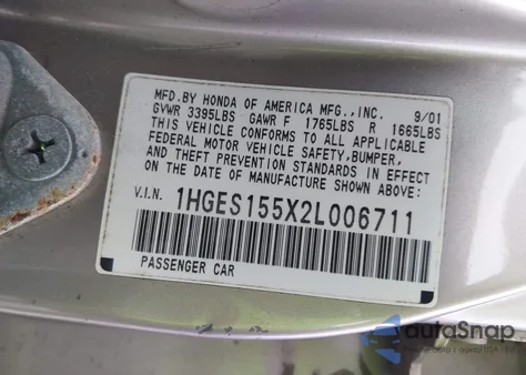 2002 Honda Civic Lx from USA, damaged, VIN 1HGES155X2L006711